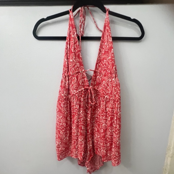 FP Movement by Free People Pants - FREE PEOPLE HALTER CUT-OUT ROMPER, SIZE X-SMALL, WHITE/CORAL